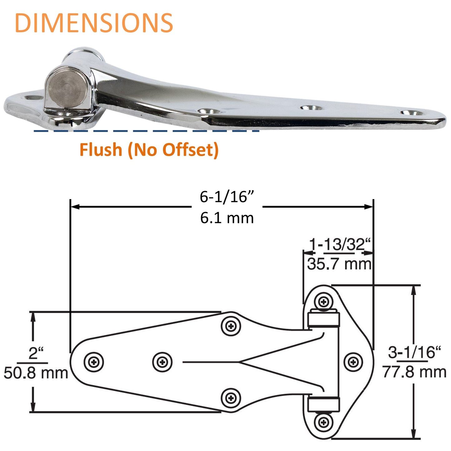 Kason 1070 Surfacemount Narrow Flange Hinge, Flush Dimensions