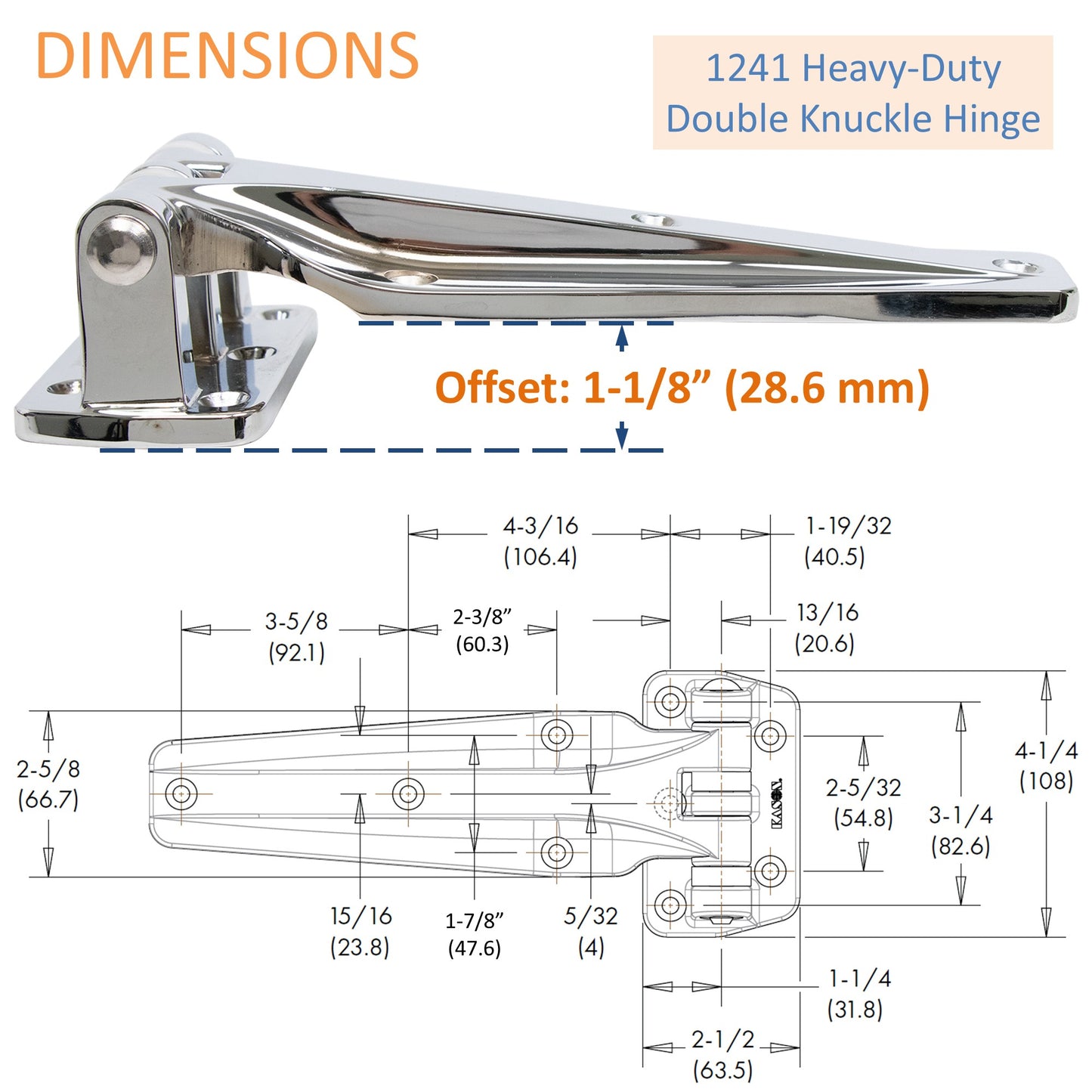 Kason 1241 Double Knuckle Hinge Offset 1-1/8" Dimensions