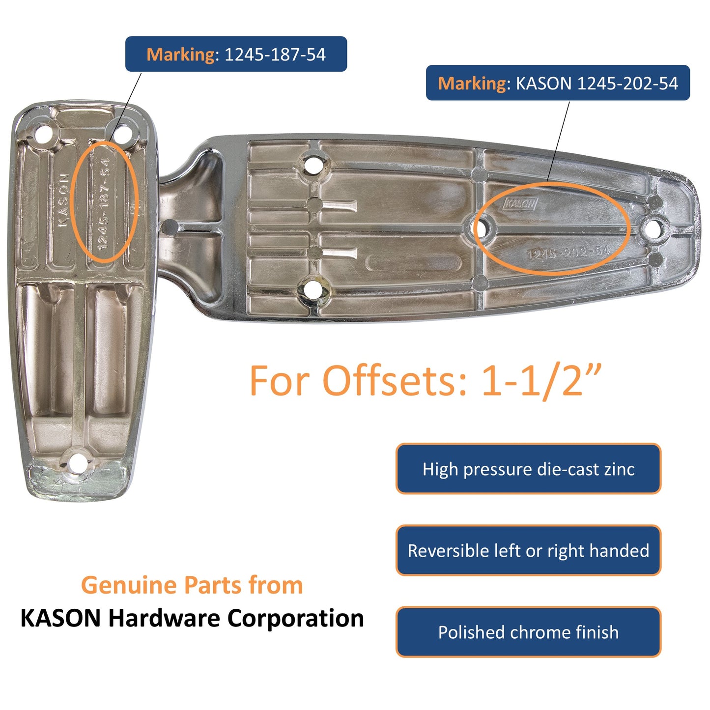 Kason 1245 Reversible Cam-Rise Walk-In Hinge, 1-1/2" Offset