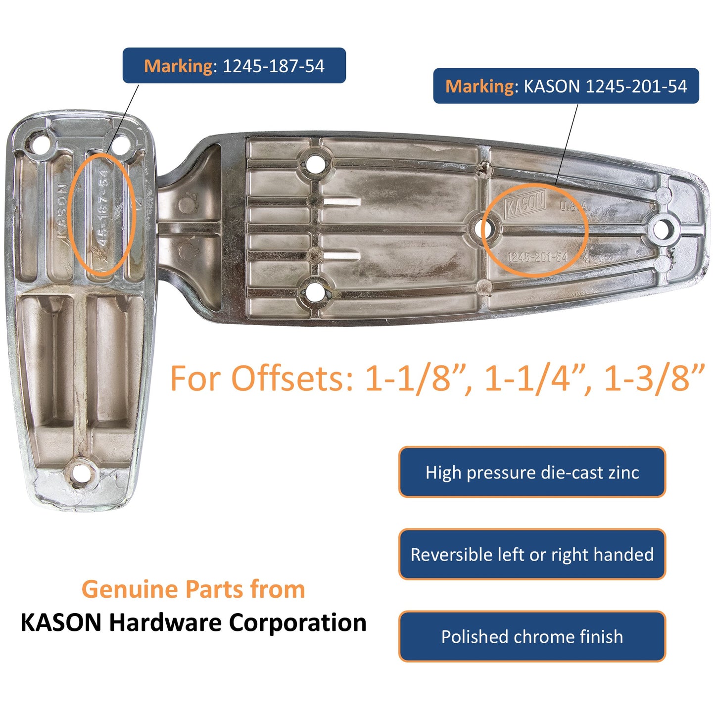 Kason 1245 Reversible Cam-Rise Walk-In Hinge, 1-1/8", 1-1/4", 1-3/8" Offset