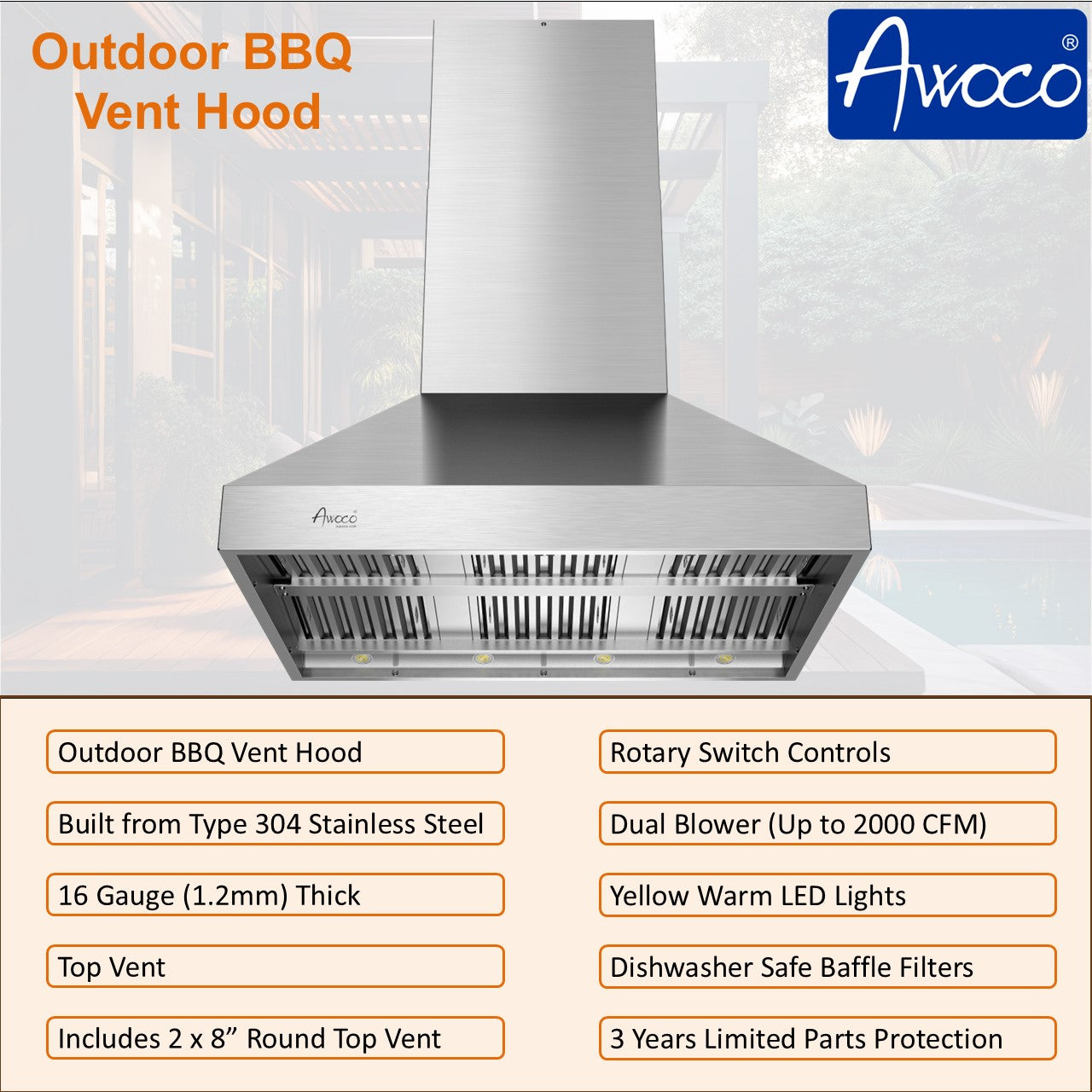 BBQ Outdoor Range Hood with Rotary Switch Control and 2 x 8" Round Top Vent
