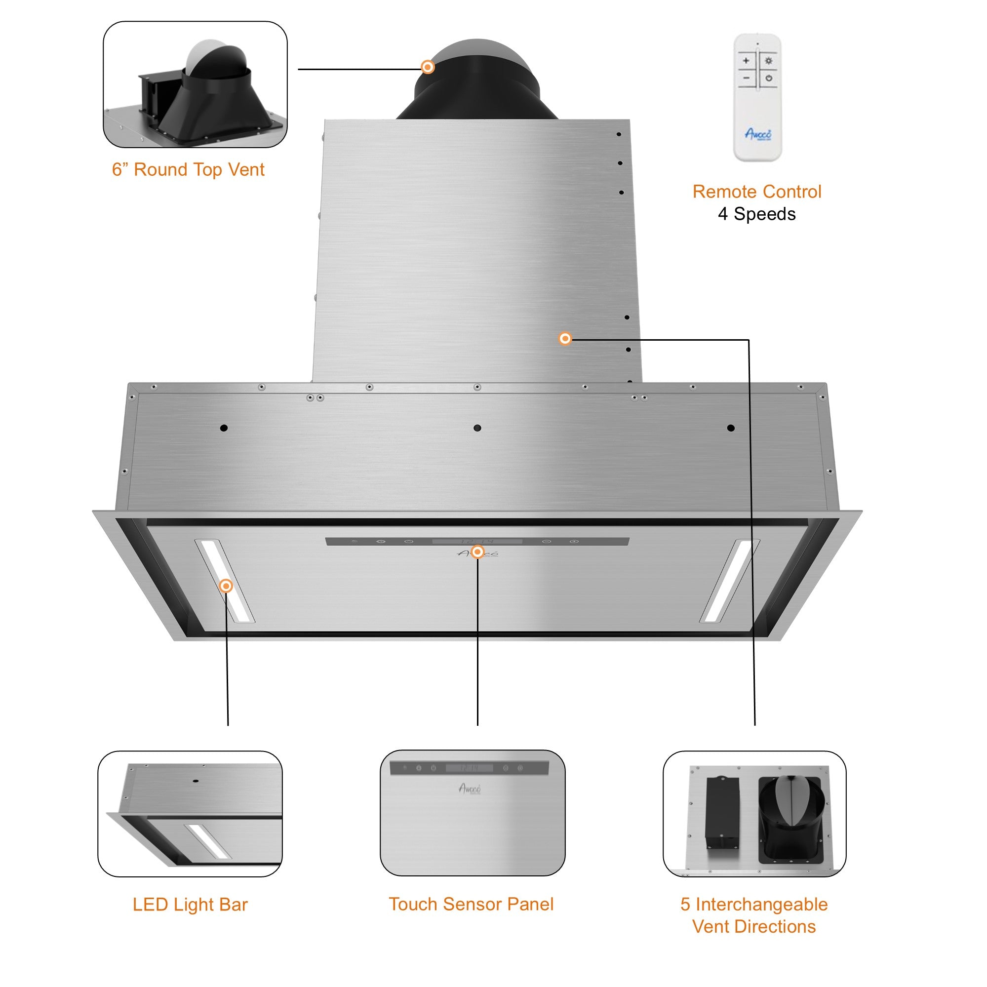 RH-BQ-CR Flush Ceiling Mount Range Hood with 6 inch top vent, led light bar, touch panel