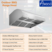 Awoco 48" Outdoor BBQ Vent Hood 18" High Type 304 Stainless Steel, 4 Speeds 2000 CFM, Dual Blowers, Adjustable LED Lights, 8” Round Top Vent
