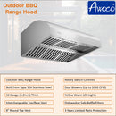 Awoco 48" Outdoor BBQ Vent Hood 18" High Type 304 Stainless Steel, 4 Speeds 2000 CFM, Dual Blowers, Adjustable LED Lights, 8” Round Top Vent