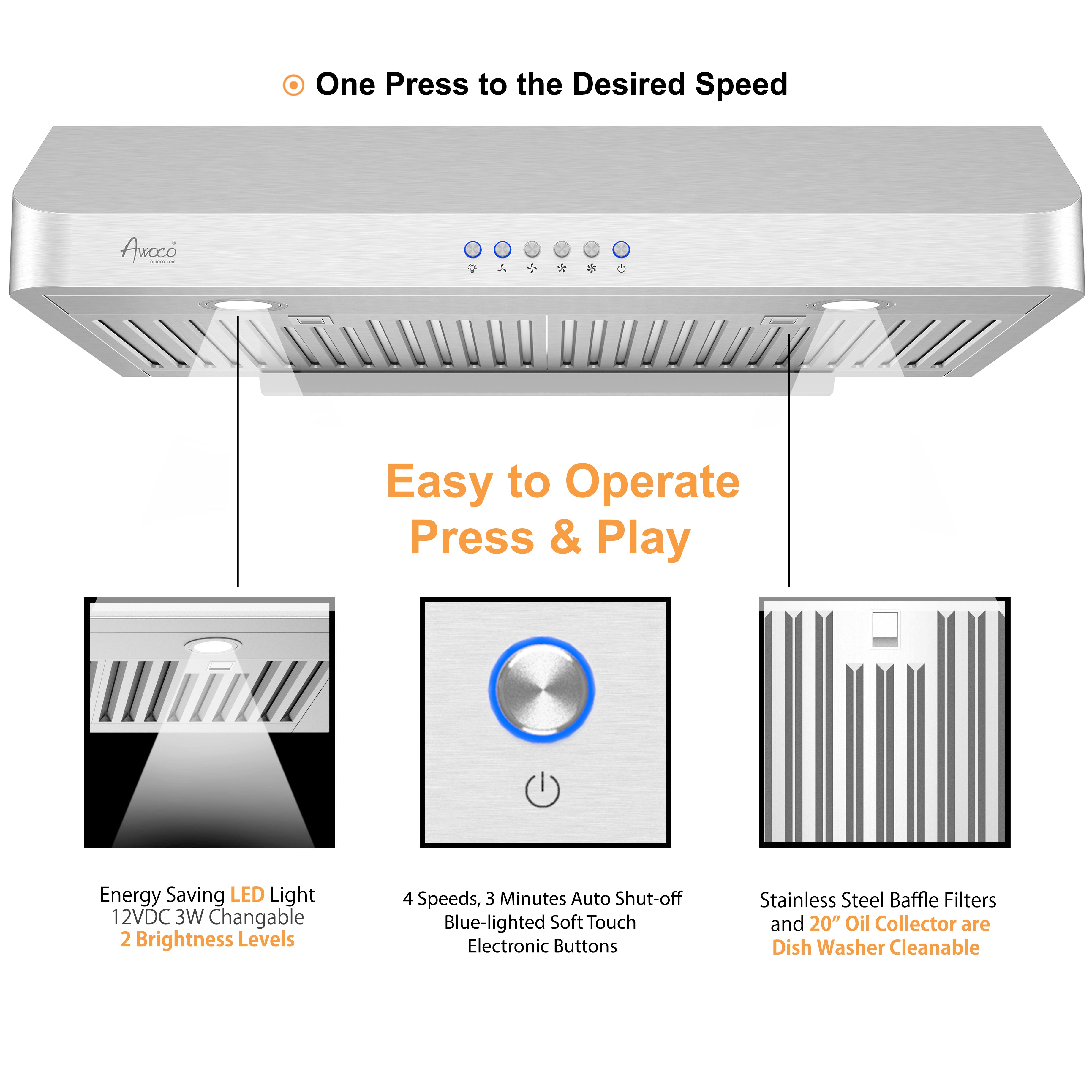 4 Speeds powerful suction under cabinet range hood with Stainless steel baffle filter and 2 brightness levels