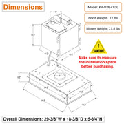 RH-IT06-CR 30 inch Ceiling Mount Range Hood Split Insert dimension