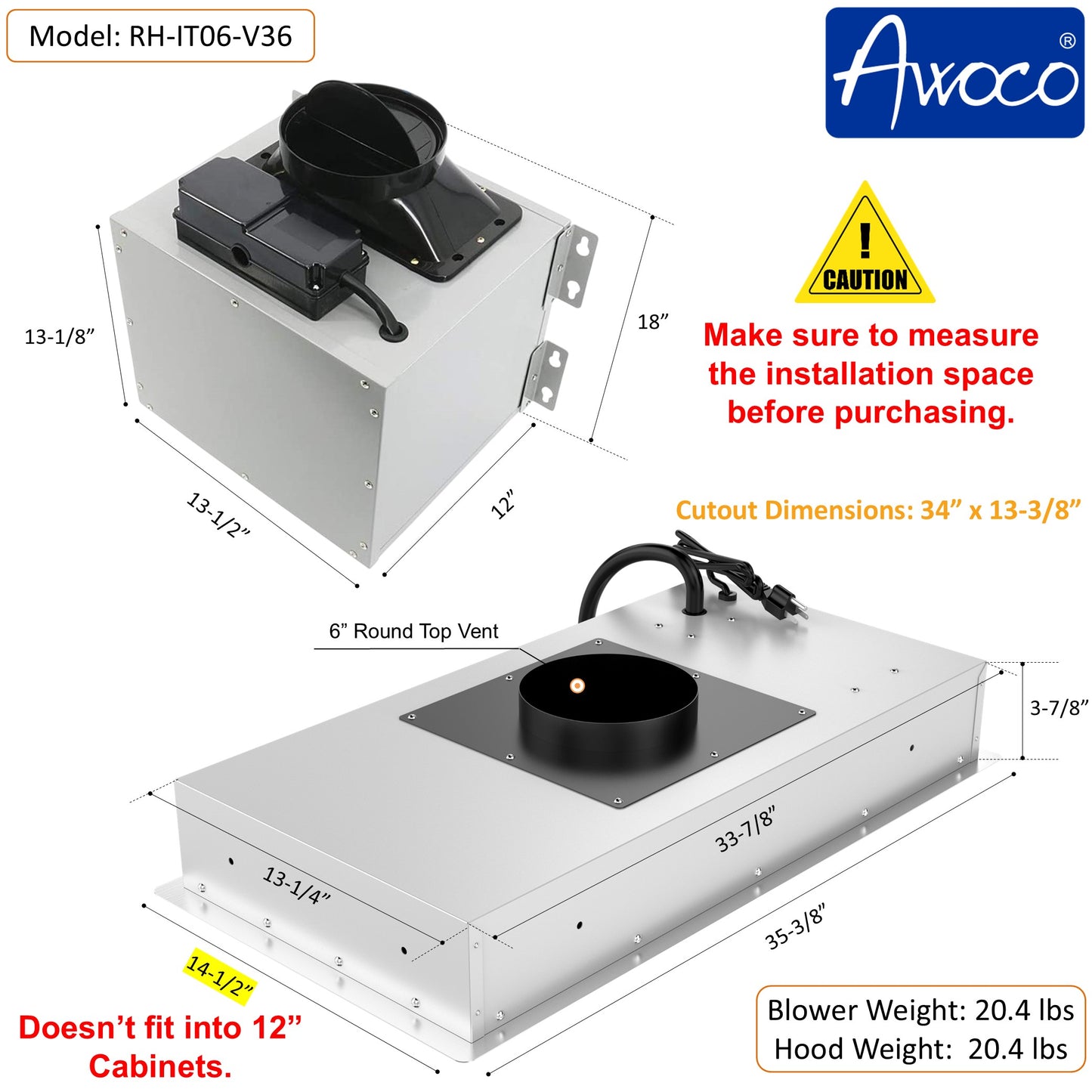 RH-IT06-V Ceiling Mount Range Hood - Split Insert - 800CFM - 6" Blower