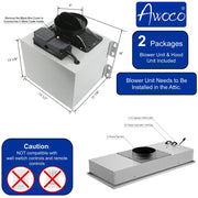 Awoco RH-IT06-M 14-1/2"D Super Quiet Split Insert Stainless Steel Range Hood, 4 Speeds With A 6" Blower Unit, 800CFM, Mesh Filters, LED Lights