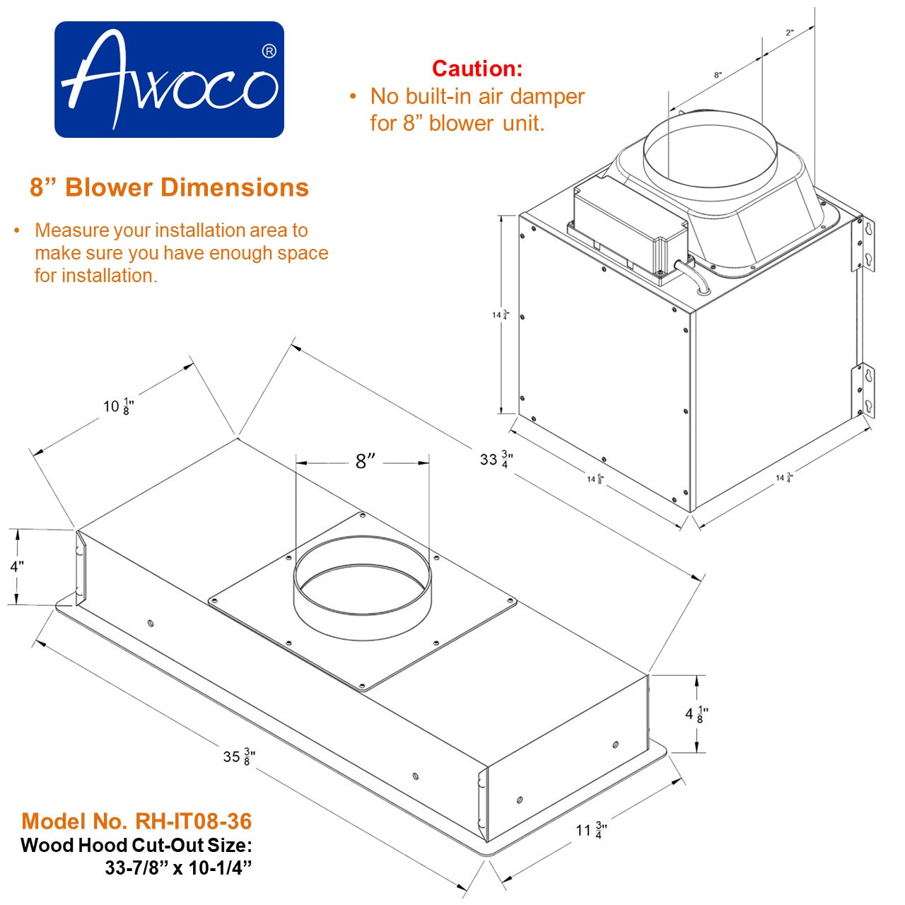 Awoco RH-IT08 11-3/4"D Super Quiet Split Insert Stainless Steel Range Hood, 4 Speeds with a 8” Blower Unit, 1000CFM, Mesh Filters, LED Lights