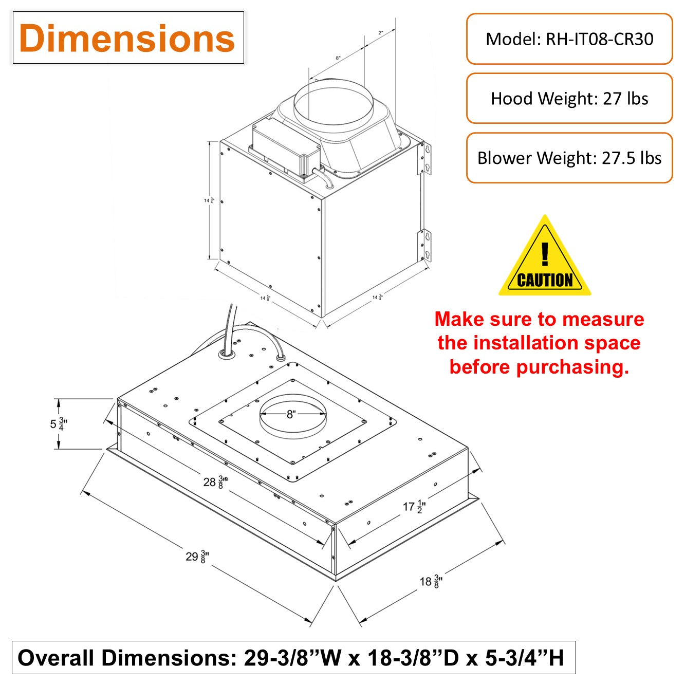 RH-IT08-CR 30 Inch Ceiling Mount Range Hood Split Insert dimension