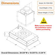 RH-IT08-CR 30 Inch Ceiling Mount Range Hood Split Insert dimension