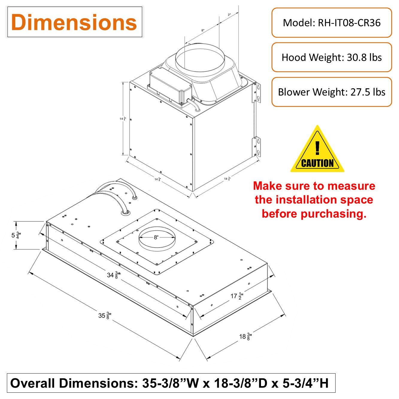 RH-IT08-CR 36 Inch Ceiling Mount Range Hood Split Insert dimension