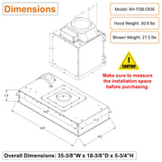 RH-IT08-CR 36 Inch Ceiling Mount Range Hood Split Insert dimension