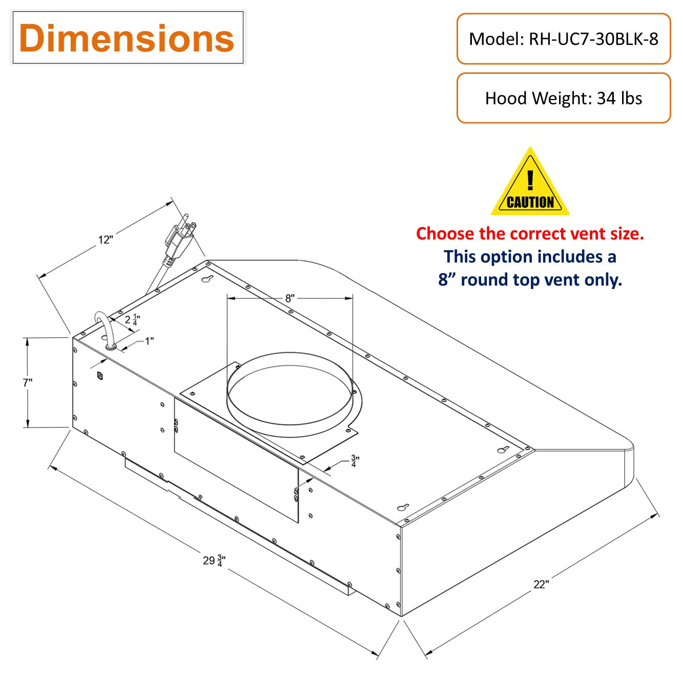 RH-UC7-30 Under Cabinet Range Hood Black Stainless Steel Gesture