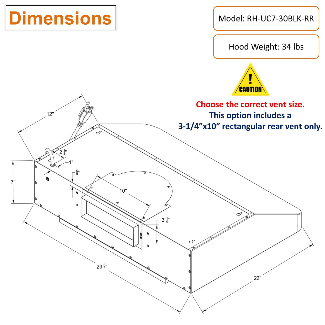 RH-UC7-30 Under Cabinet Range Hood Black Stainless Steel Gesture