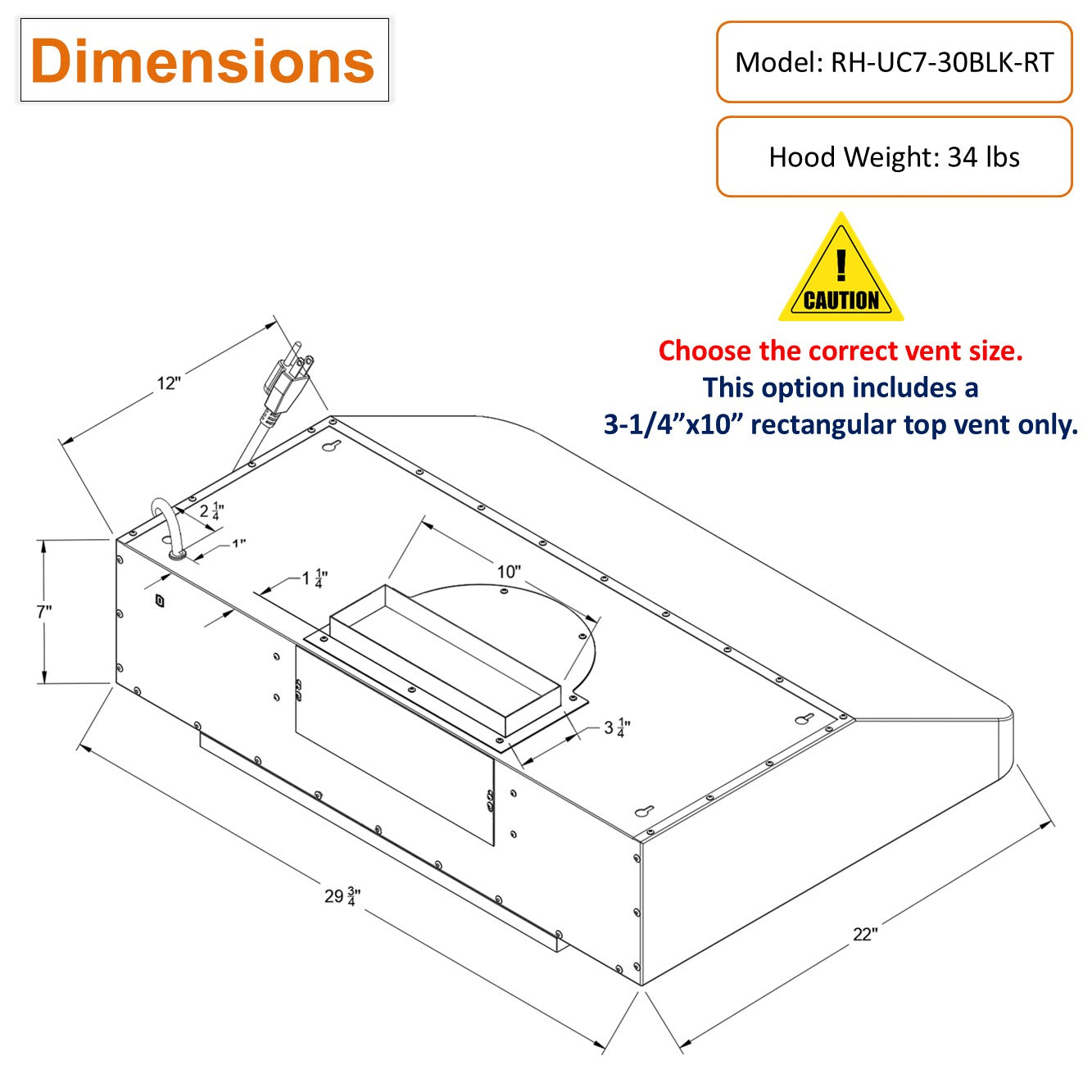 RH-UC7-30 Under Cabinet Range Hood Black Stainless Steel Gesture