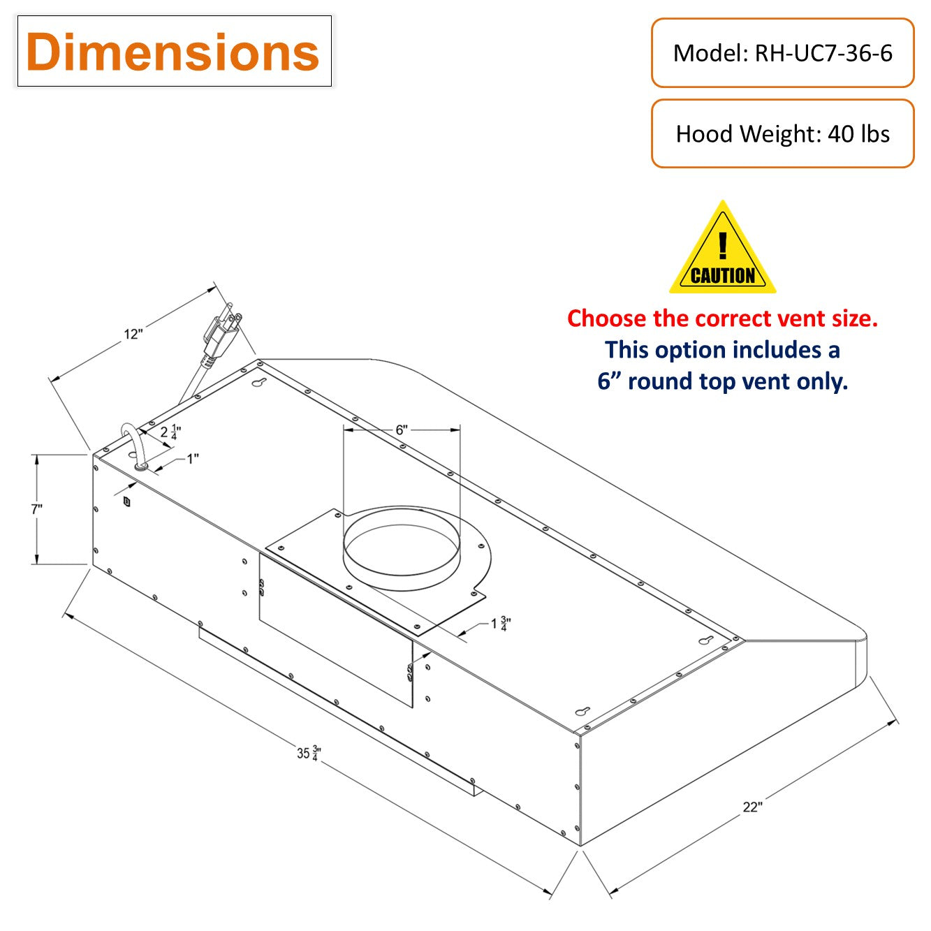 RH-UC7-36 Under Cabinet Range Hood Stainless Steel Gesture Control