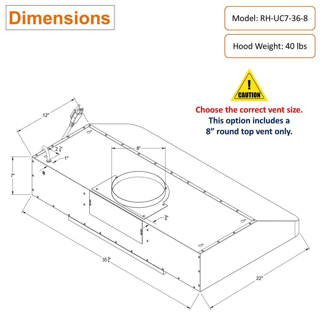 RH-UC7-36 Under Cabinet Range Hood Stainless Steel Gesture Control