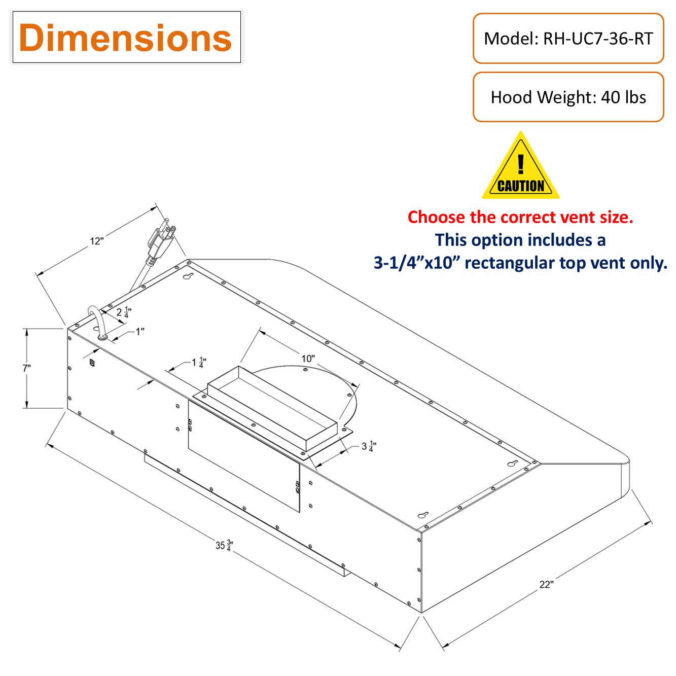 RH-UC7-36 Under Cabinet Range Hood Stainless Steel Gesture Control