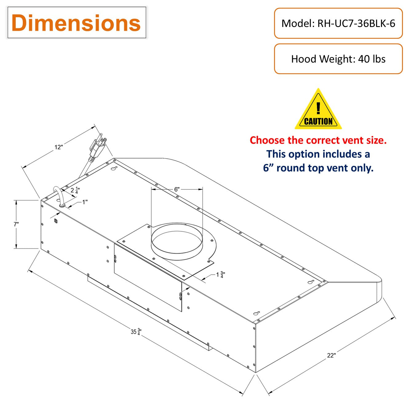 Awoco 36 inch Black Stainless Steel under cabinet range hood with 6 inch top vent dimension