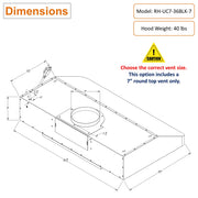 Awoco 36 inch Black Stainless Steel under cabinet range hood with 7 inch top vent dimension