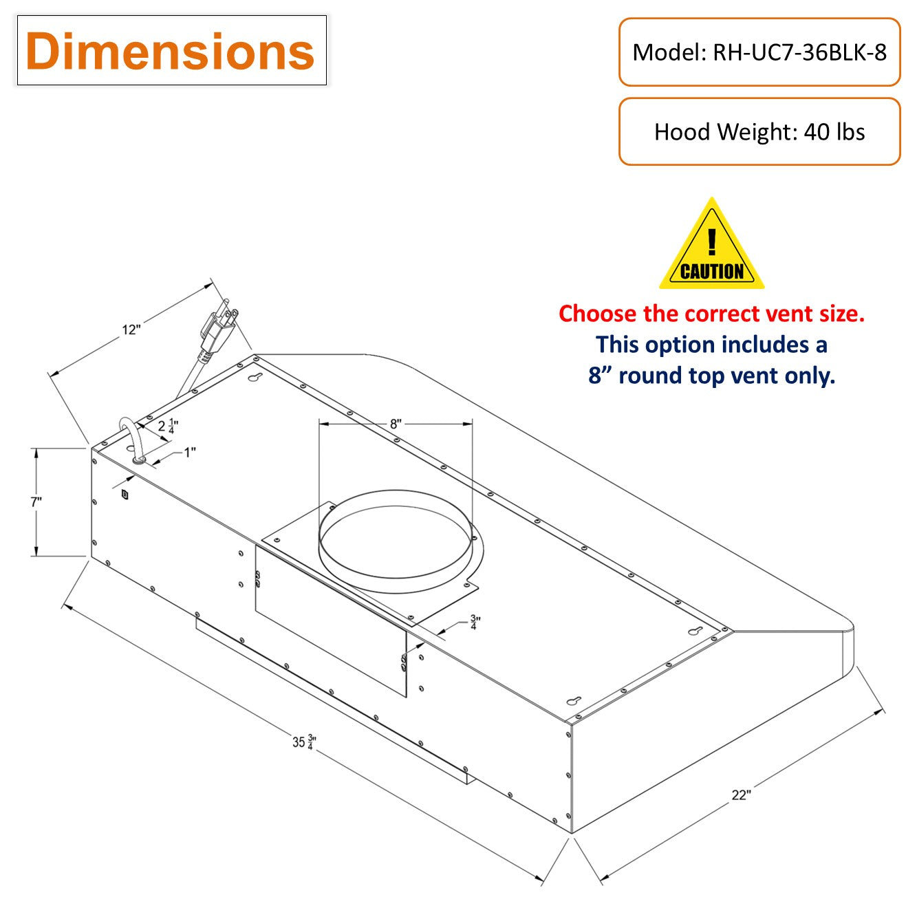 Awoco 36 inch Black Stainless Steel 3-1/4 x 10 inch Rectangular top vent under cabinet range hood with 8 inch top vent dimension