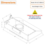 Awoco 36 inch Black Stainless Steel 3-1/4 x 10 inch Rectangular top vent under cabinet range hood with 8 inch top vent dimension