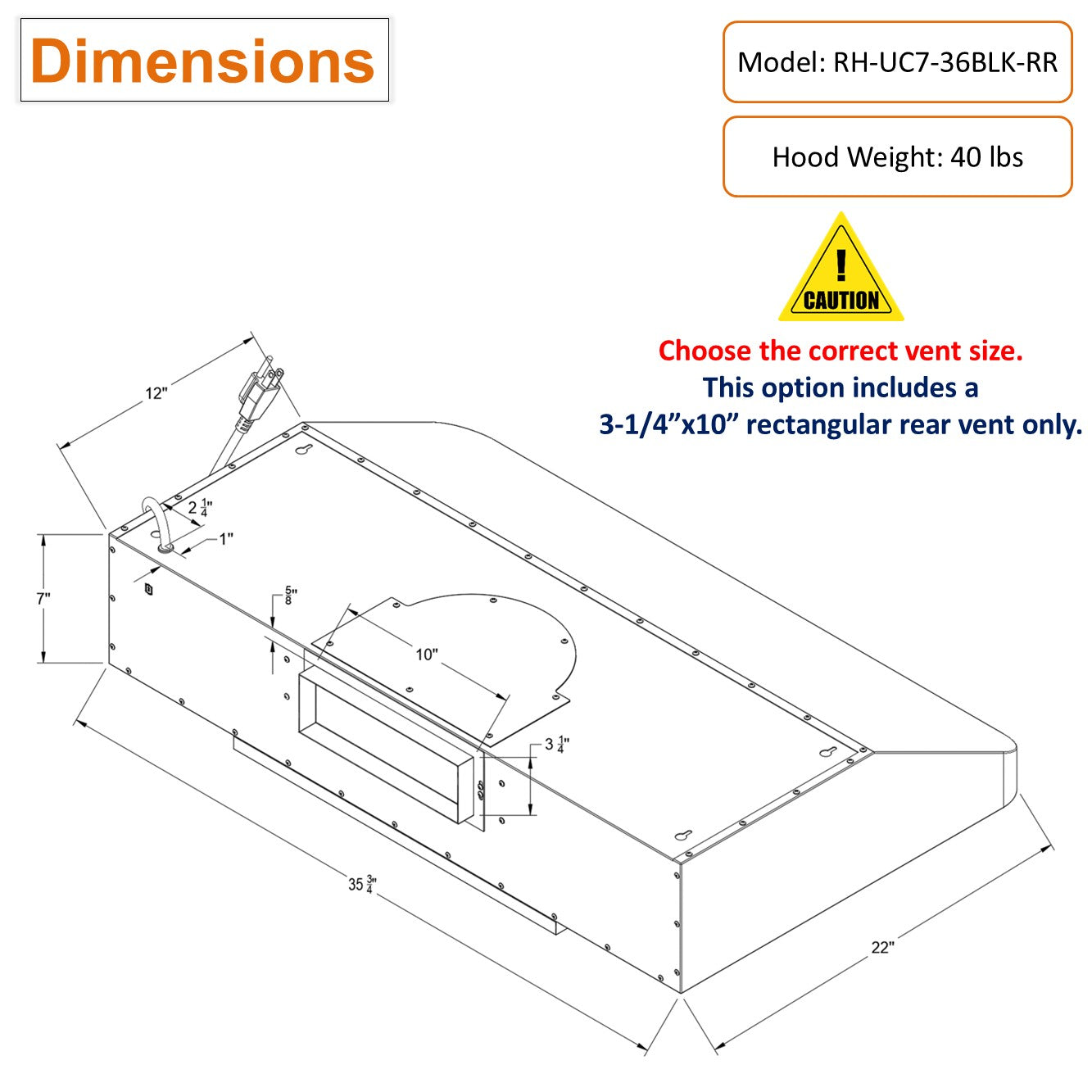 Awoco 36 inch Black Stainless Steel under cabinet range hood with 3-1/4" x 10" rear Rectangular Vent dimension