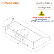 Awoco 36 inch Black Stainless Steel under cabinet range hood with 3-1/4" x 10" rear Rectangular Vent dimension