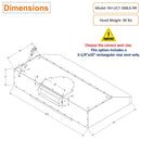 Awoco 36 inch Black Stainless Steel under cabinet range hood with 3-1/4" x 10" rear Rectangular Vent dimension