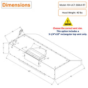 Awoco 36 inch Black Stainless Steel 3-1/4 x 10 inch Rectangular top vent under cabinet range hood with 8 inch top vent dimension