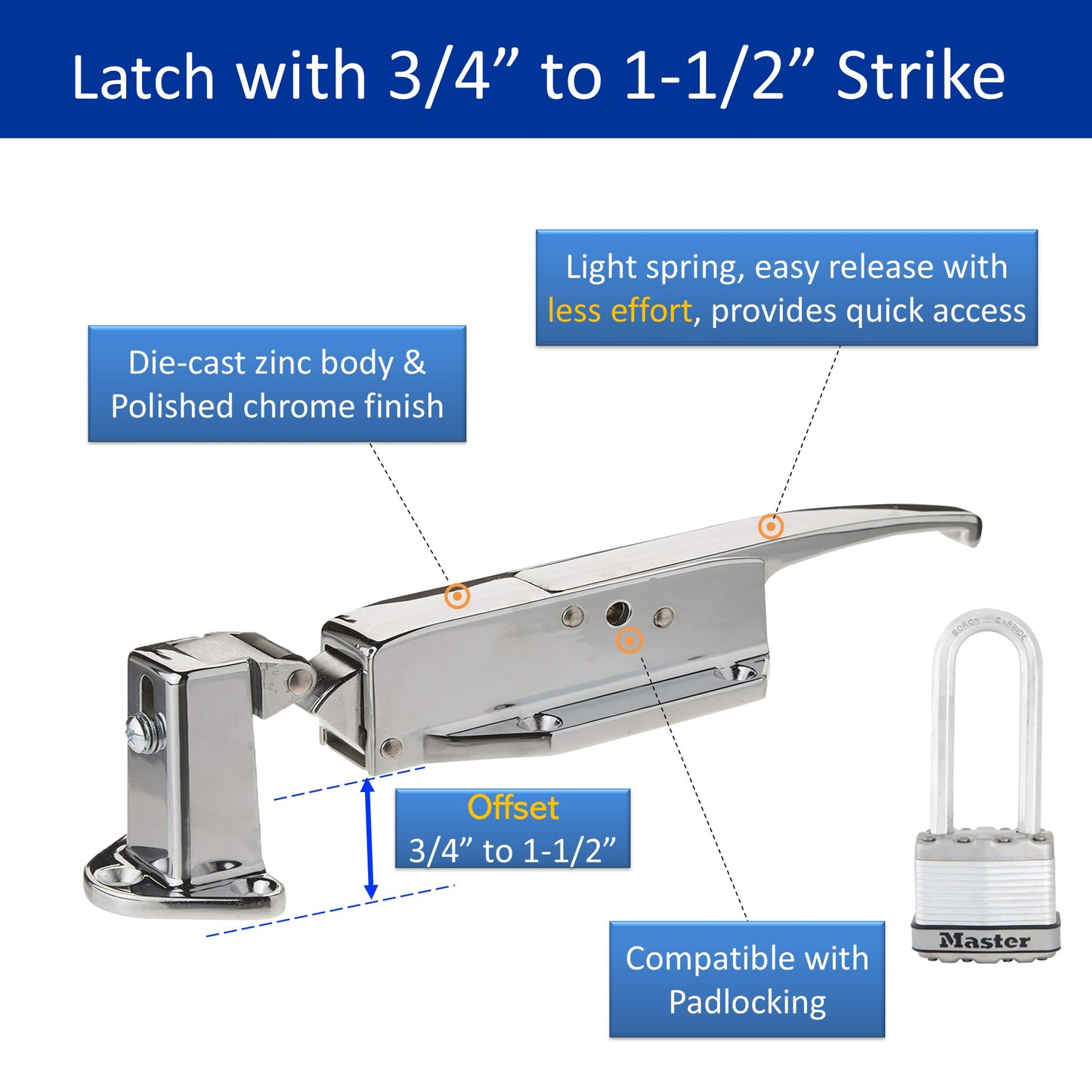Kason 0058 Chrome Finish Latch with Strike 3/4" to 1-1/2" Offset Diagram