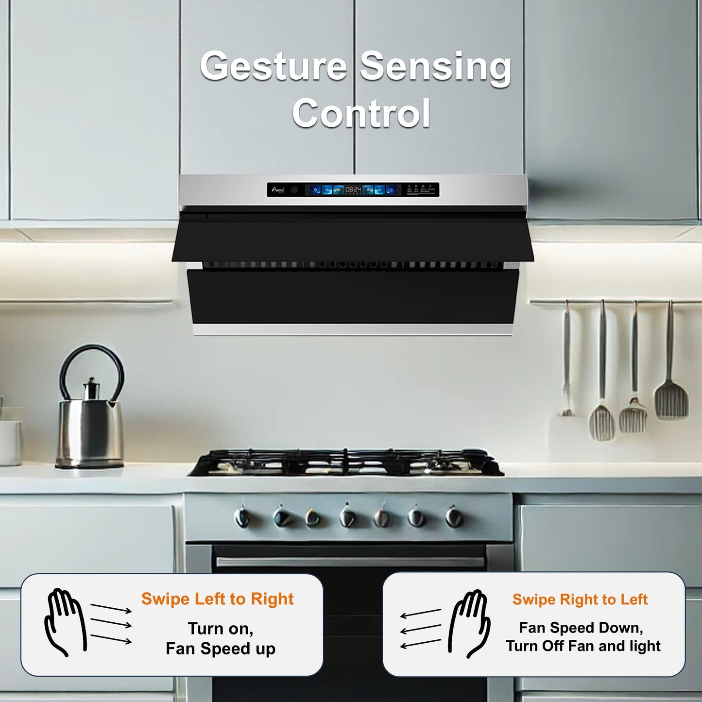 Awoco RH-SX 36 inch Slant Vent Range Hood with Gesture Control for modern kitchen setting.