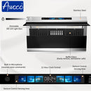 Awoco 36 inch stainless steel under-cabinet slant vent range hood featuring dimmable LED lights, dishwasher-safe baffle filters, built-in microphone and gesture control