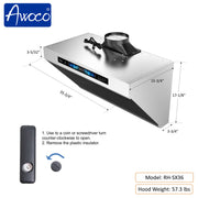 Awoco 36 inch under-cabinet stainless steel slant vent range hood with 6-inch top vent and digital control panel