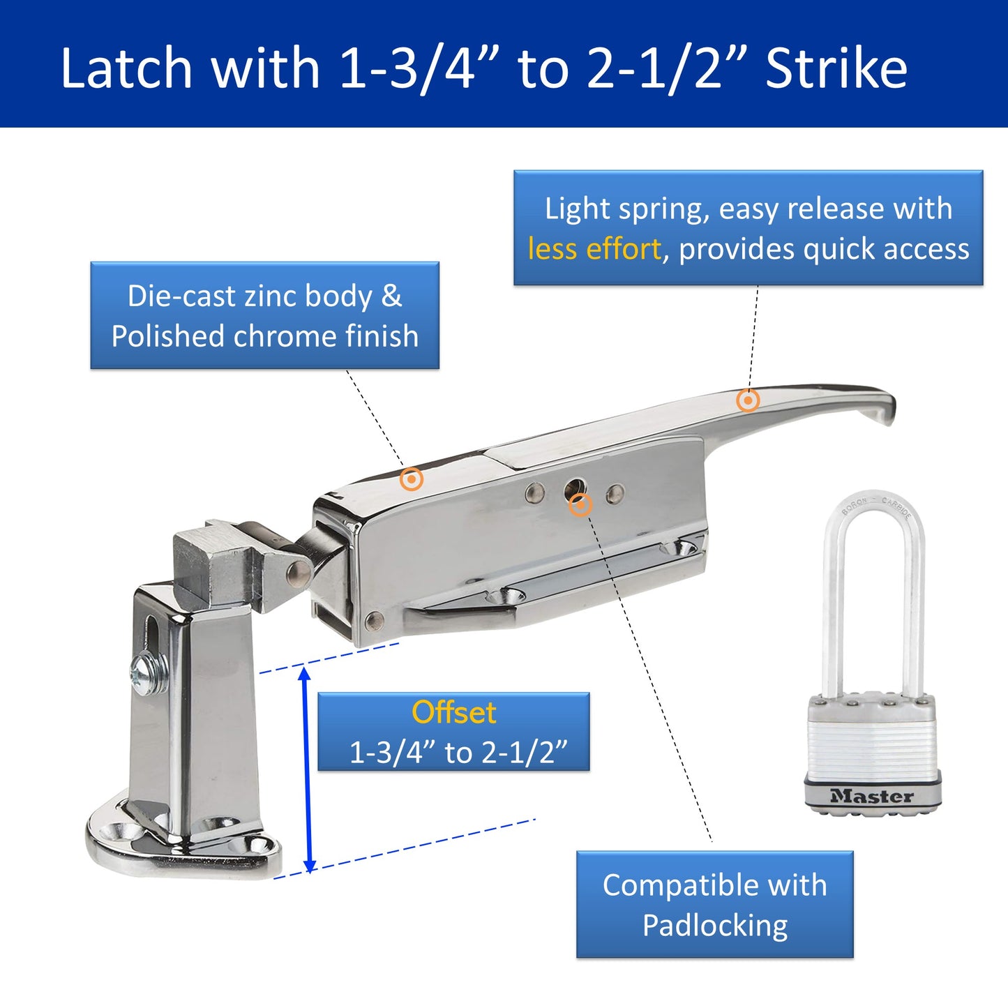 Kason 0058 Chrome Finish Latch with Strike 1-3/4" to 2-1/2" Offset Diagram