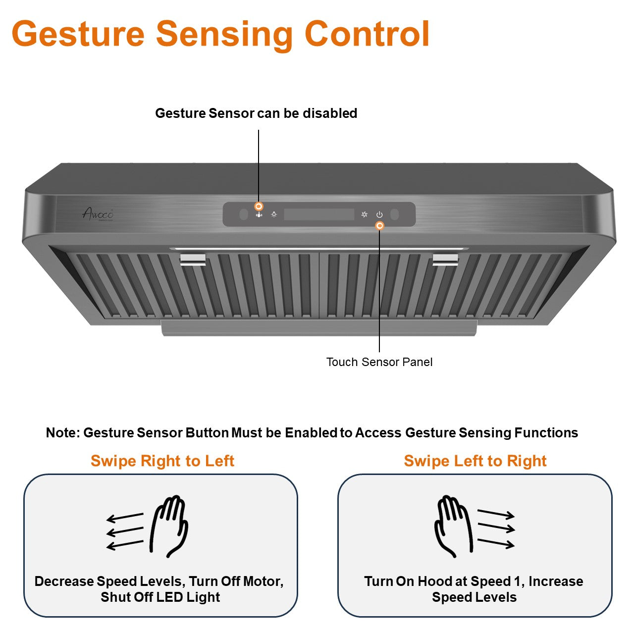 Awoco 30 inches Black Stainless Steel Under Cabinet Range Hood with Gesture Control Feature