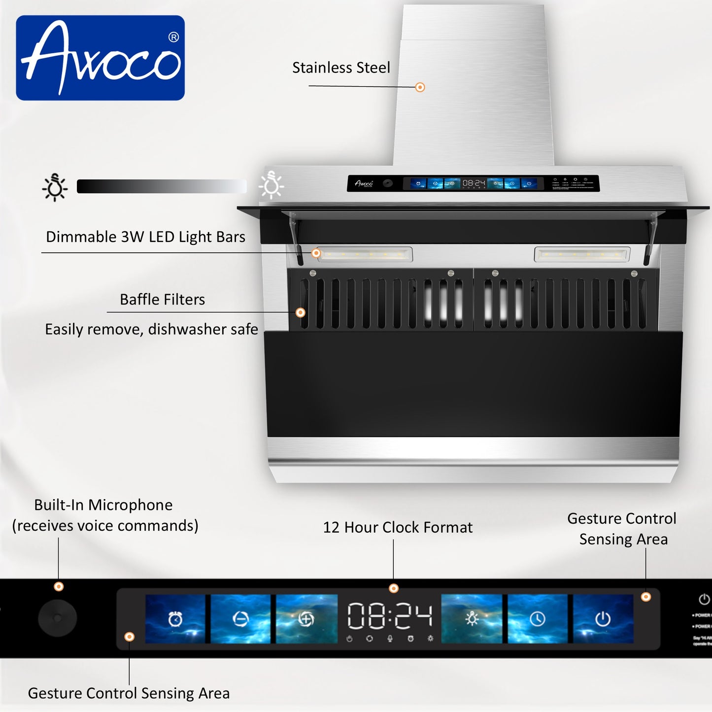 Awoco RH-SX Wall Mount Range Hood, Side-Draft Design, 4 Speeds Exhaust Fan with 800 CFM, Voice, Gesture, Touch & Remote Control, 6" Vent, Dimmable LED Light Bars