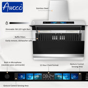 Awoco RH-SX Wall Mount Range Hood, Side-Draft Design, 4 Speeds Exhaust Fan with 800 CFM, Voice, Gesture, Touch & Remote Control, 6" Vent, Dimmable LED Light Bars