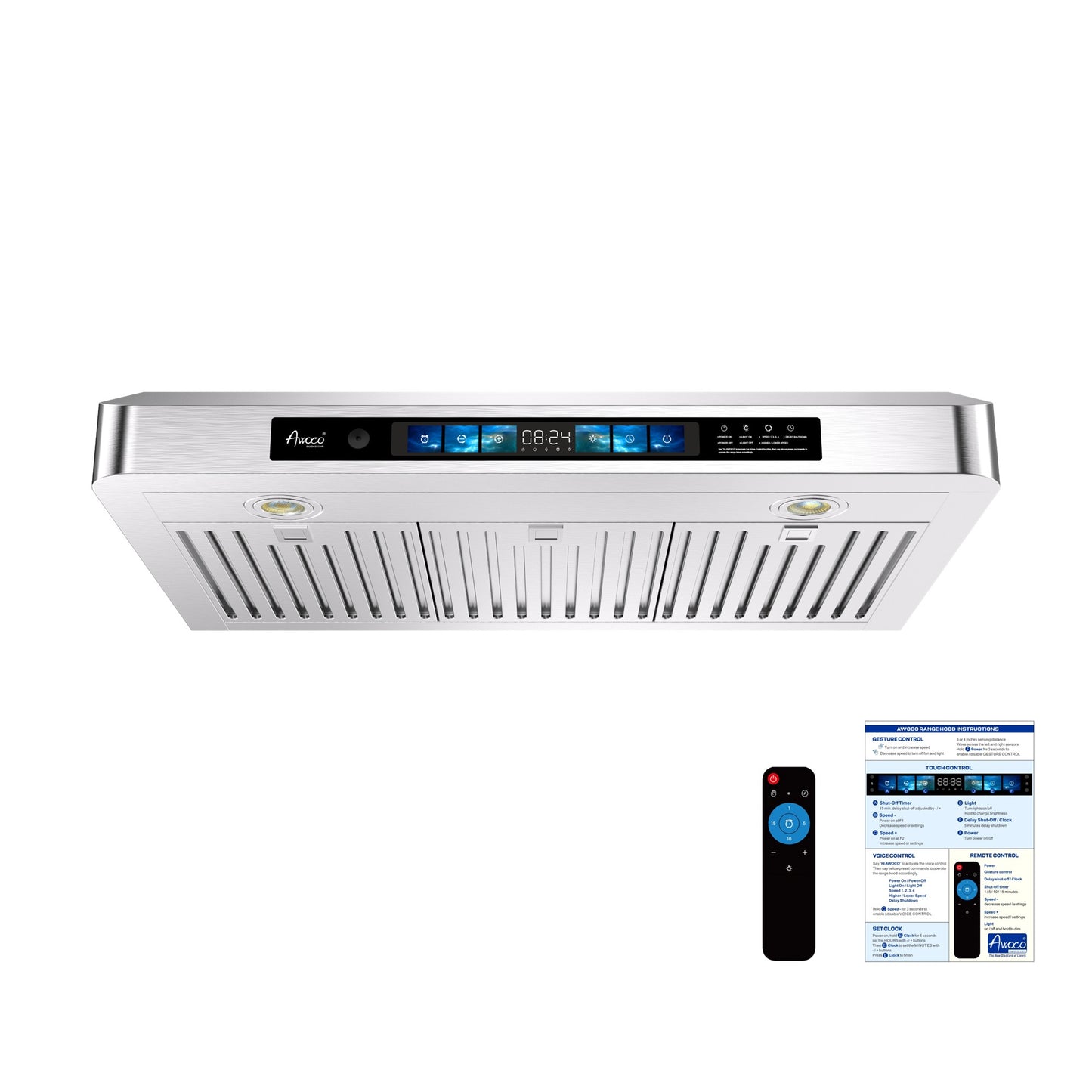 Awoco 30 Inch Stainless Steel Under Cabinet Range Hood with Voice and Gesture Control