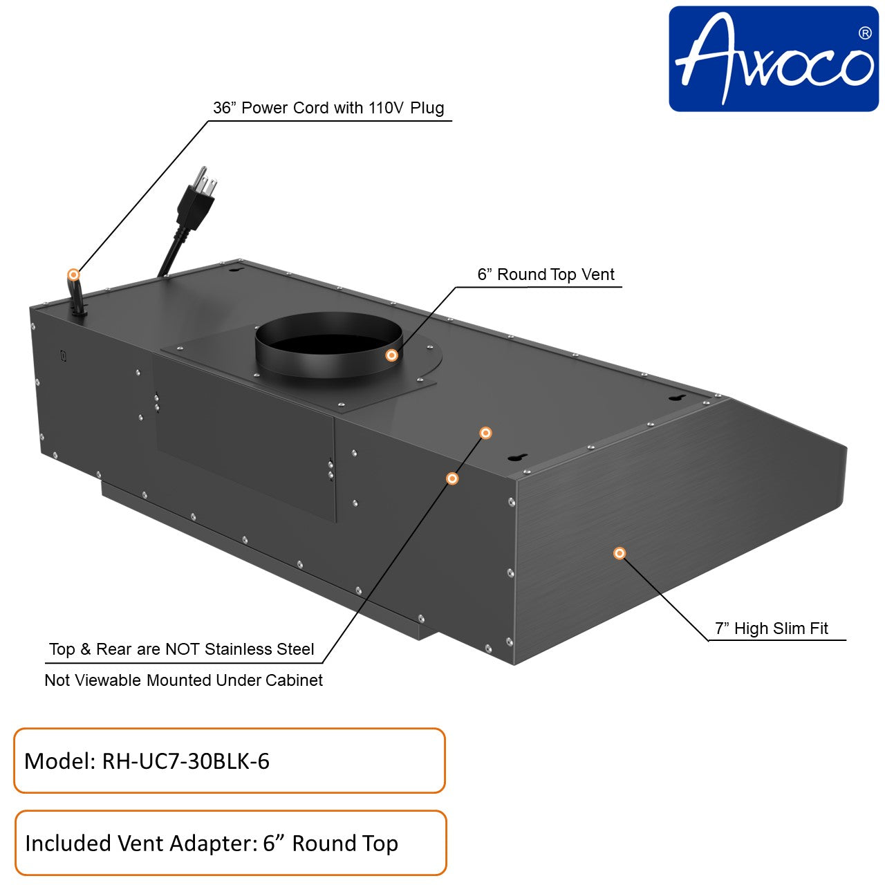 Awoco 30 inch Black Stainless Steel under cabinet range hood with 6 inch top vent