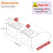 Awoco 48" Outdoor BBQ Vent Hood 18" High Type 304 Stainless Steel, 4 Speeds 2000 CFM, Dual Blowers, Adjustable LED Lights, 8” Round Top Vent