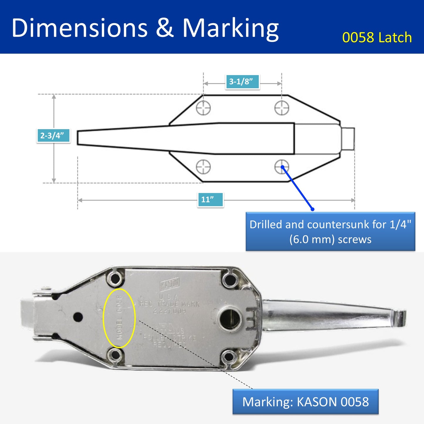 Kason 0058 Chrome Finish Latch Only Dimensions