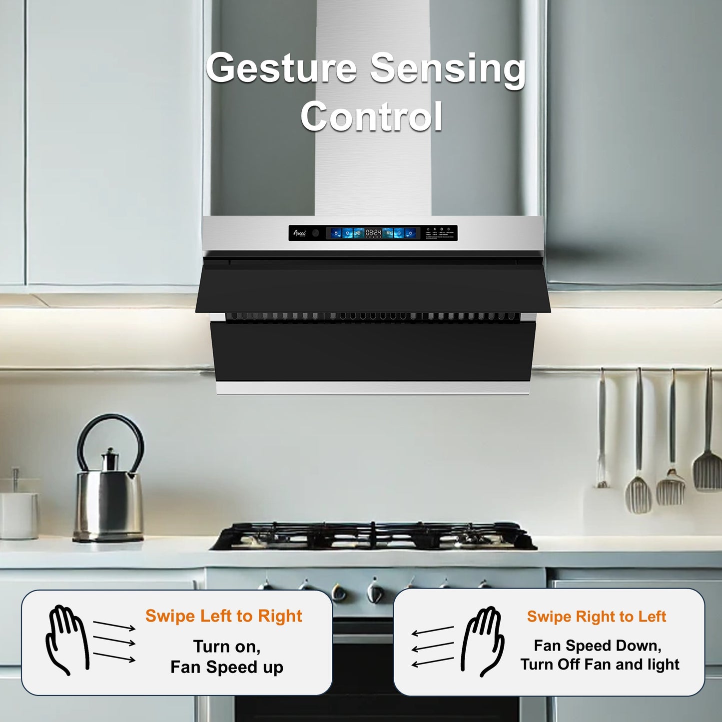 Awoco RH-SX Wall Mount Range Hood, Side-Draft Design, 4 Speeds Exhaust Fan with 800 CFM, Voice, Gesture, Touch & Remote Control, 6" Vent, Dimmable LED Light Bars