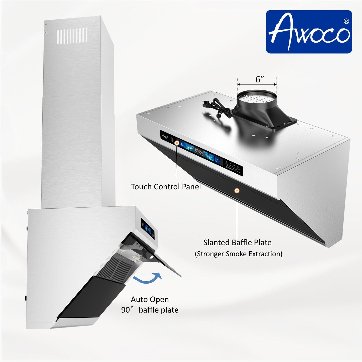 Awoco RH-SX Wall Mount Range Hood, Side-Draft Design, 4 Speeds Exhaust Fan with 800 CFM, Voice, Gesture, Touch & Remote Control, 6" Vent, Dimmable LED Light Bars