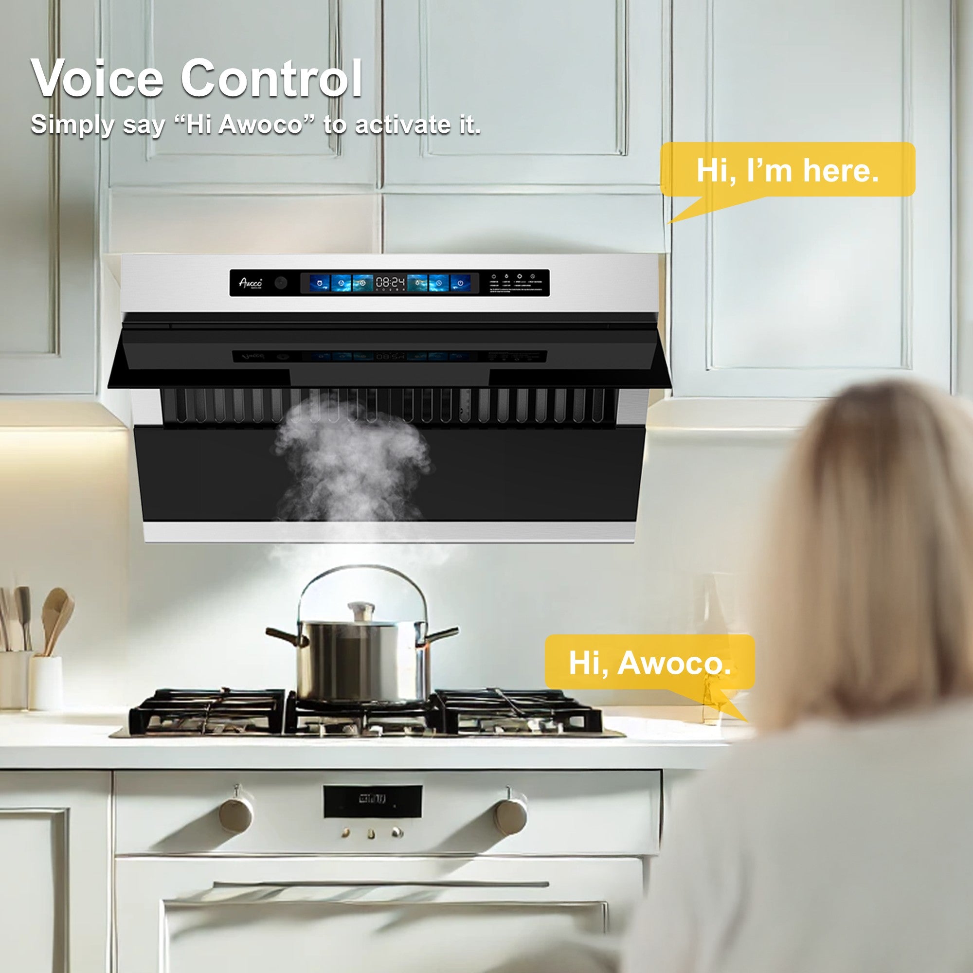Awoco RH-SX Slant Vent Range Hood with voice control for modern kitchen setting.