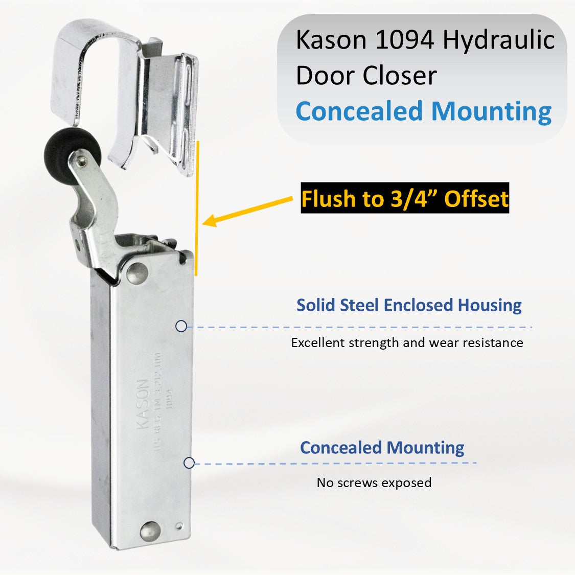 Kason 1094 Hydraulic Door Closer, Concealed Mounting Flush to 3/4" Offset