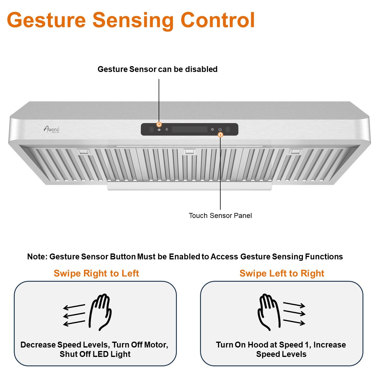 Awoco 36 inches Stainless Steel Under Cabinet Range Hood with Gesture Control Feature