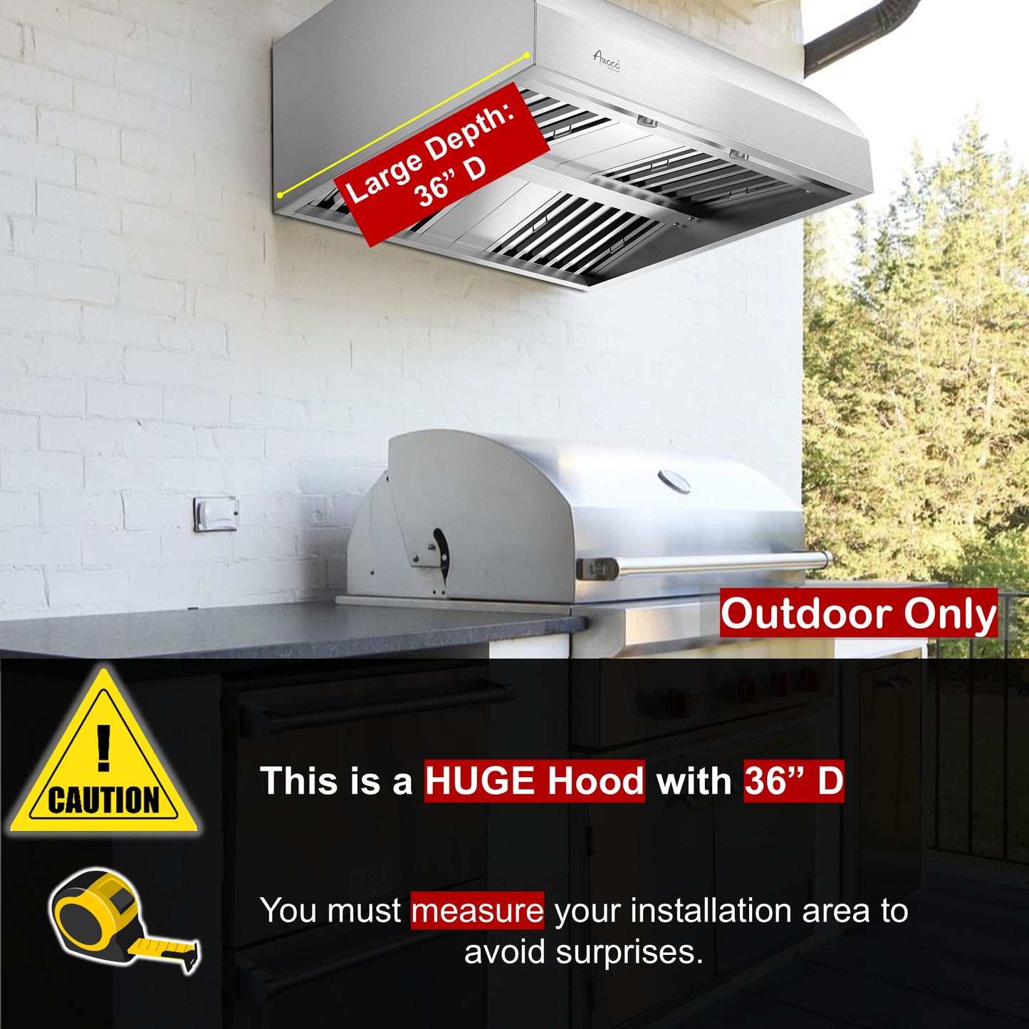Awoco 36" Outdoor BBQ Vent Hood 18" High Type 304 Stainless Steel, 4 Speeds 1000 CFM, Adjustable LED Lights, 8” Round Top Vent