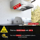 Awoco 36" Outdoor BBQ Vent Hood 18" High Type 304 Stainless Steel, 4 Speeds 1000 CFM, Adjustable LED Lights, 8” Round Top Vent